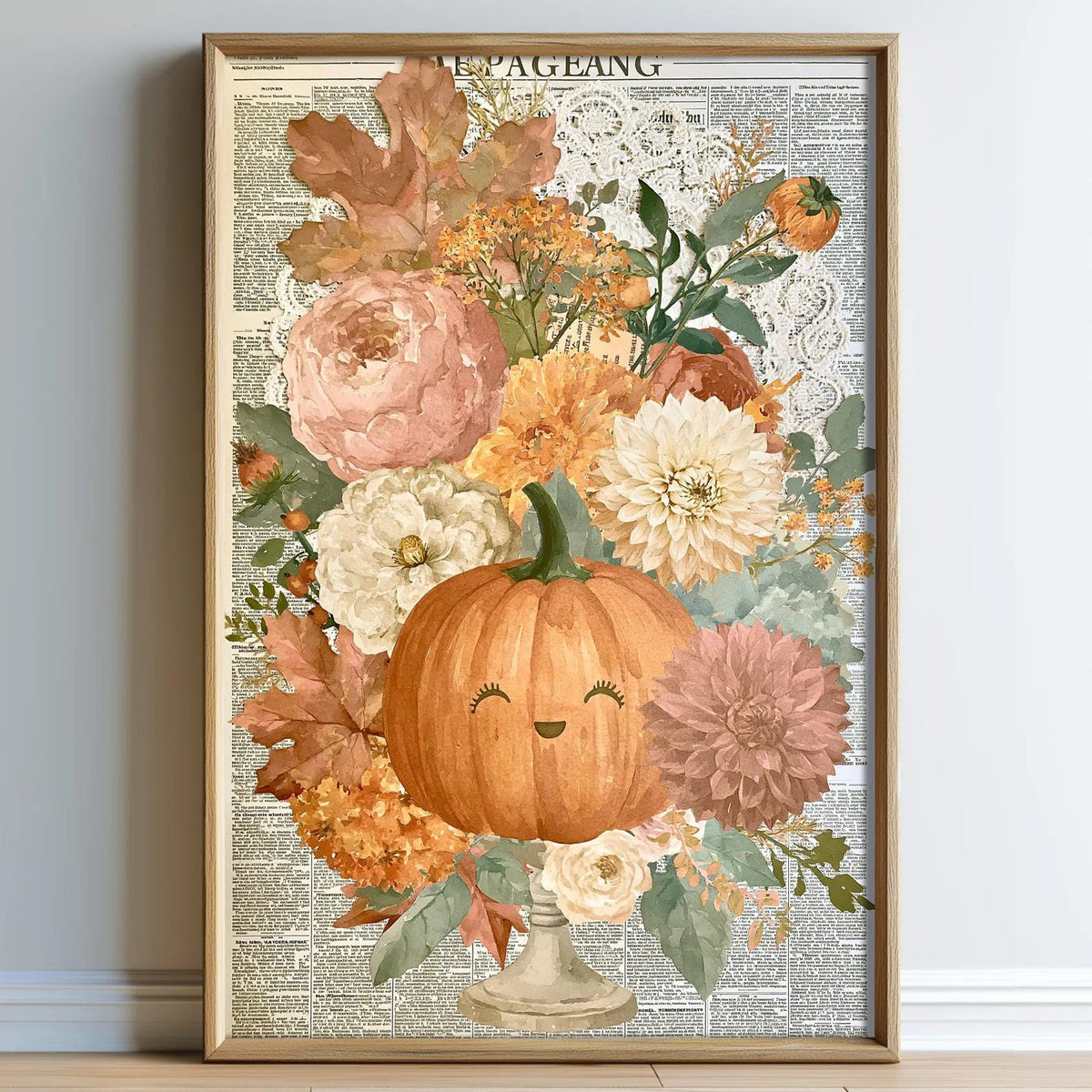 A framed print depicting a vibrant autumnal arrangement of flowers, including a pumpkin with a face, surrounded by various fall foliage.