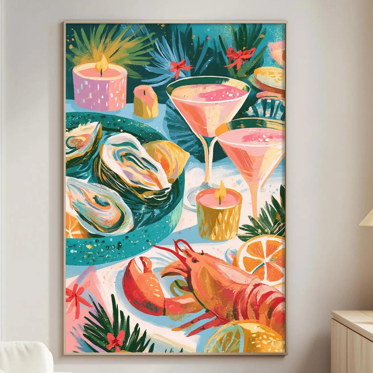 a vibrant and colorful painting of a seafood-themed still life, with various seafood items such as oysters, lobsters, and shrimp, as well as cocktail glasses and other decorative elements. The painting is displayed on a wall in a living room setting, with a white couch and a wooden side table visible in the background.