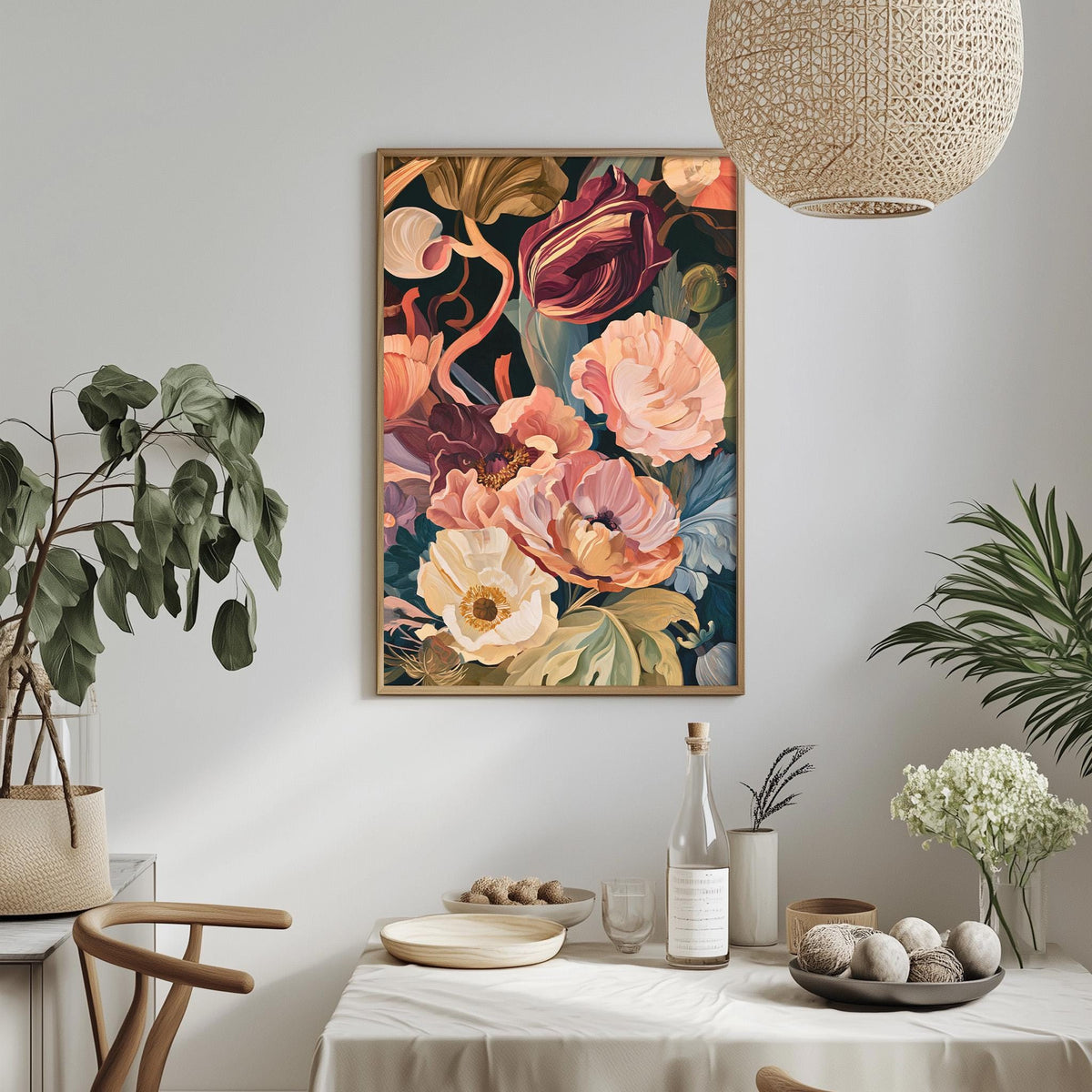 a dining table with a white tablecloth, a bowl of fruit, a bottle, and a vase with flowers. Above the table, there is a framed painting of a colorful floral arrangement.