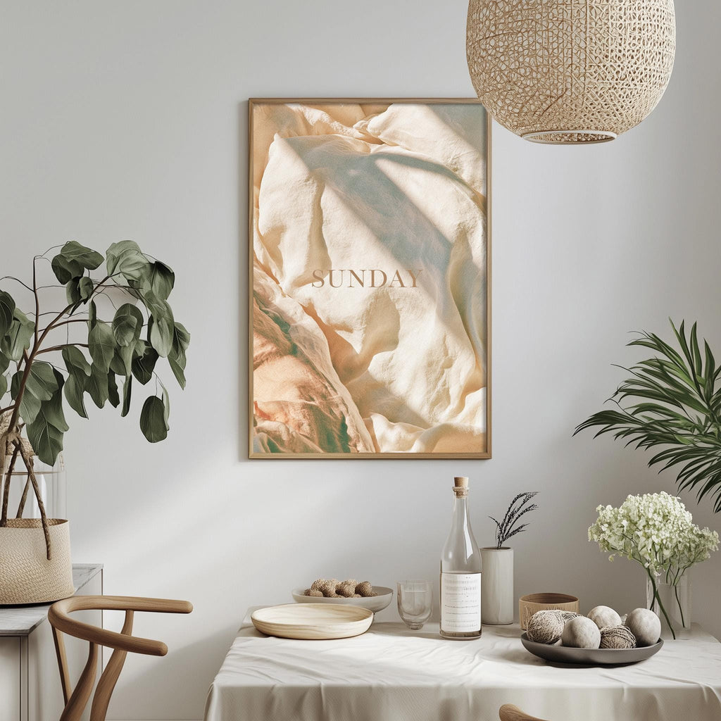 a dining table with a white tablecloth, a bowl of fruit, a bottle, and a vase with flowers. Above the table, there is a framed picture with the word "SUNDAY" written on it.