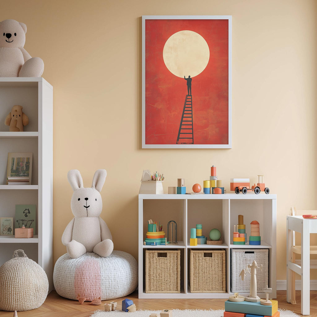 A cozy children's room with a large stuffed rabbit, a bookshelf, and a colorful toy box filled with various toys. A framed artwork depicting a person climbing a ladder towards a large moon hangs on the wall above the toy box.