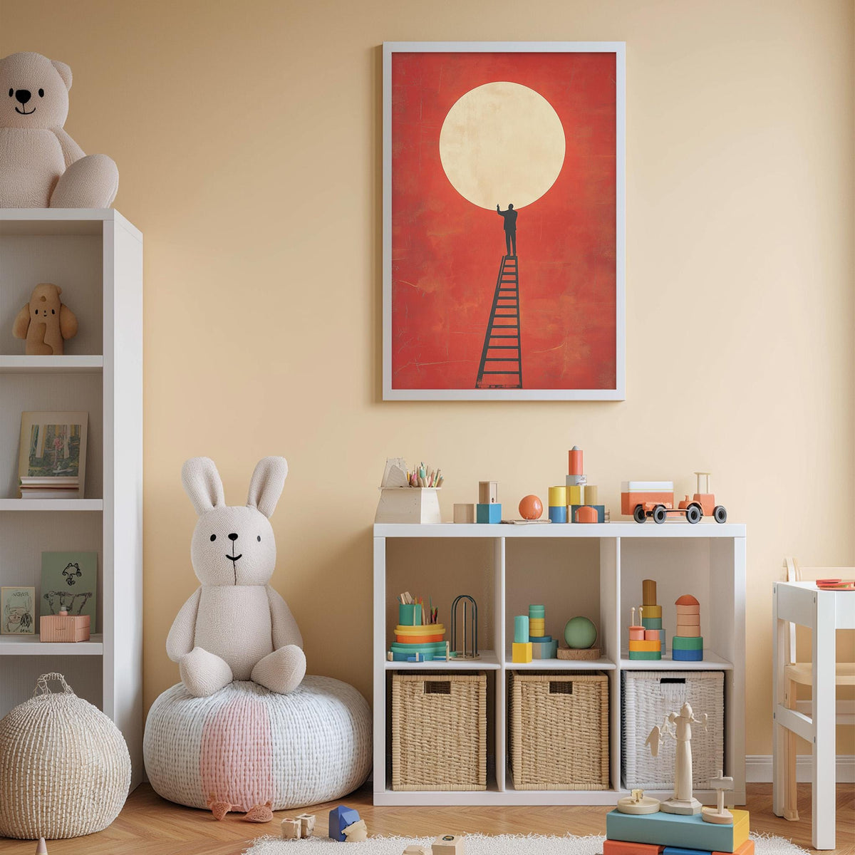 A cozy children's room with a large stuffed rabbit, a bookshelf, and a colorful toy box filled with various toys. A framed artwork depicting a person climbing a ladder towards a large moon hangs on the wall above the toy box.