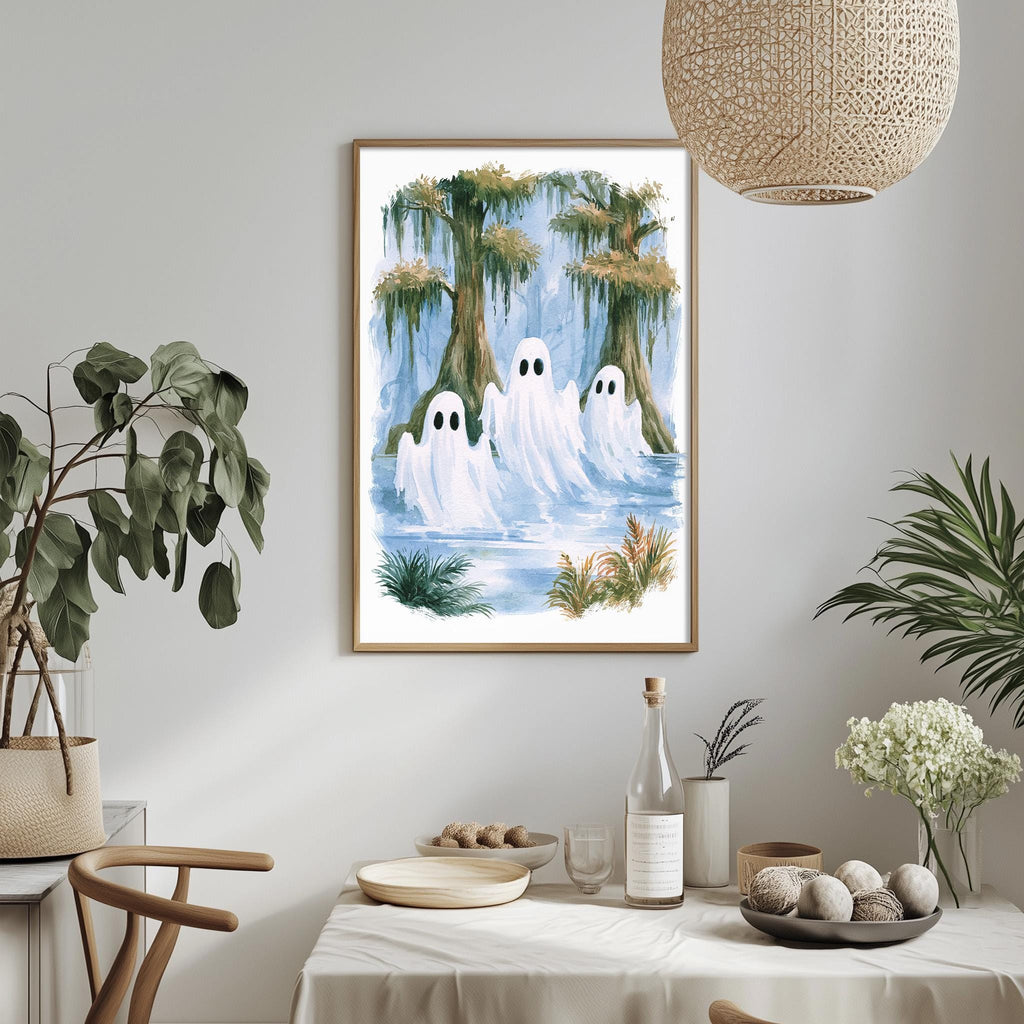 a framed painting of ghostly figures floating in a water-filled swamp, surrounded by lush greenery.