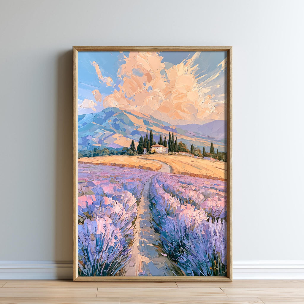The image is a framed painting depicting a picturesque landscape with a winding path leading through a field of lavender flowers, surrounded by mountains and a cloudy sky.