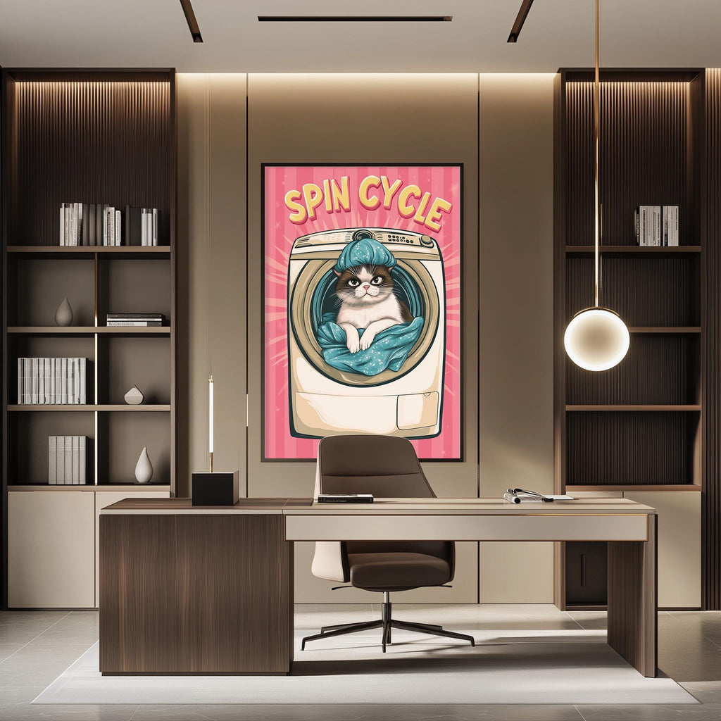 a modern office space with a desk, chair, and a large poster of a cat inside a washing machine.
