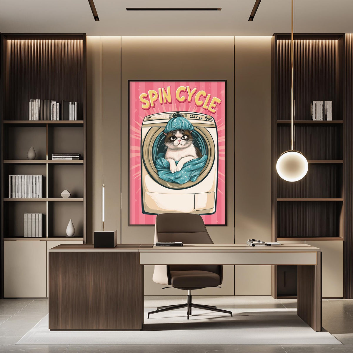 a modern office space with a desk, chair, and a large poster of a cat inside a washing machine.