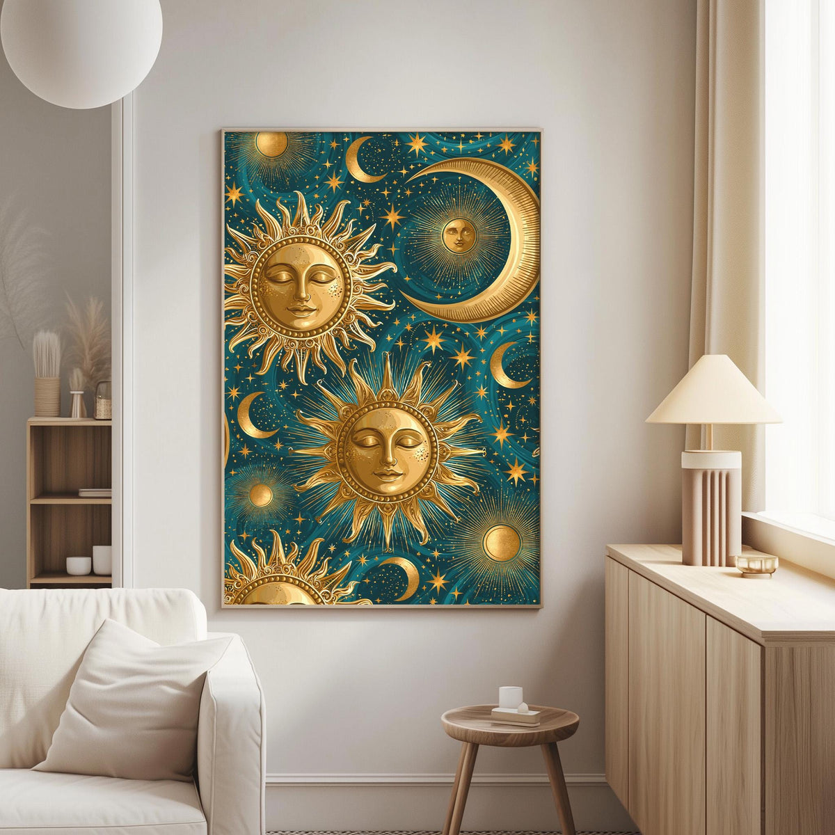 a large framed artwork depicting a vibrant and intricate design of suns, crescents, and stars against a teal background.