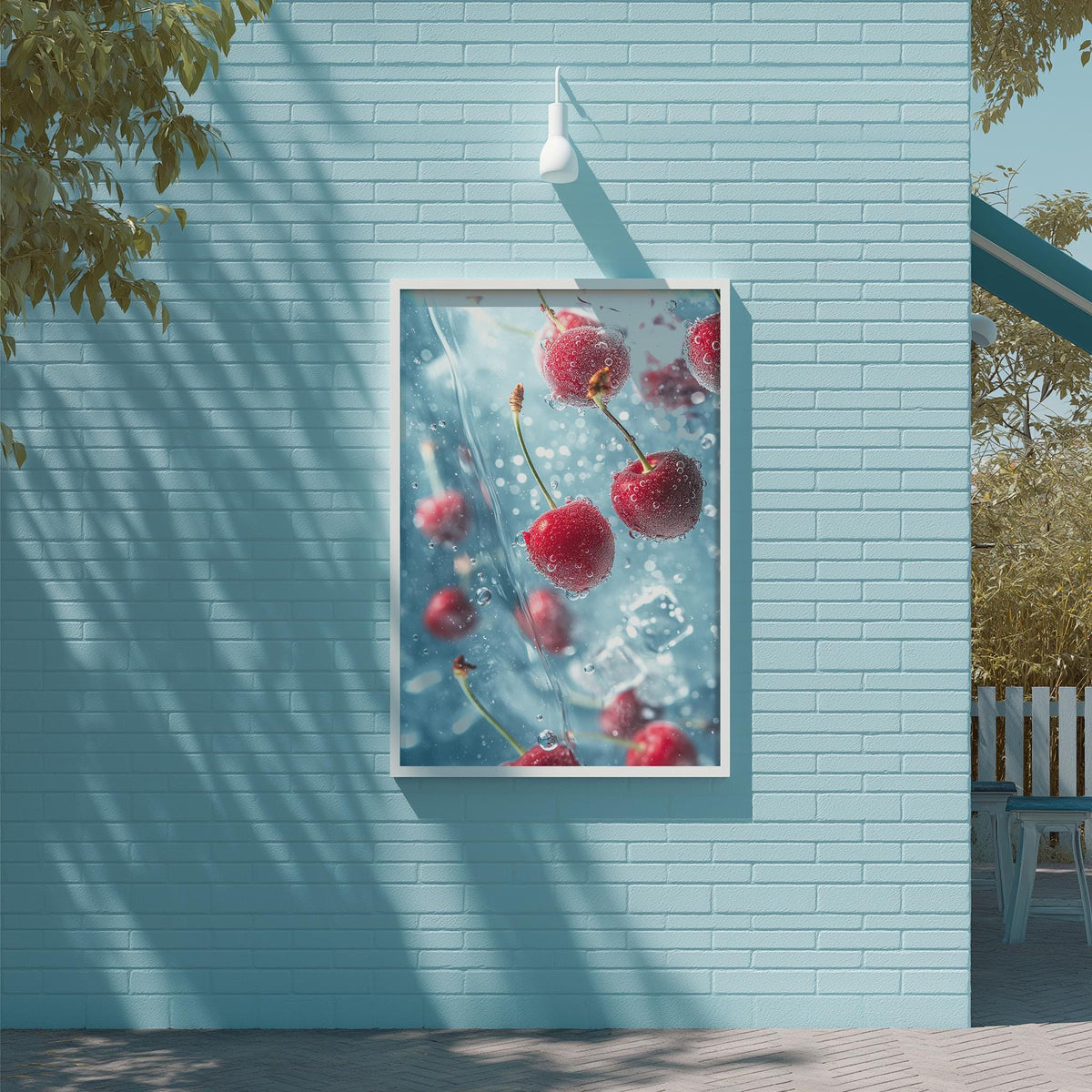 A framed image of cherries hanging from a wall, with water droplets on the cherries, creating a visually appealing and artistic composition.