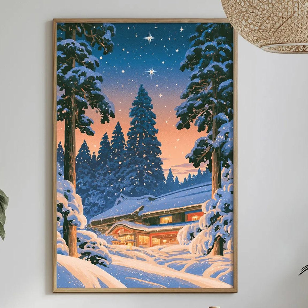 a cozy winter scene with a snowy landscape, a cabin, and a starry night sky.