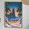 a cozy winter scene with a snowy landscape, a cabin, and a starry night sky.