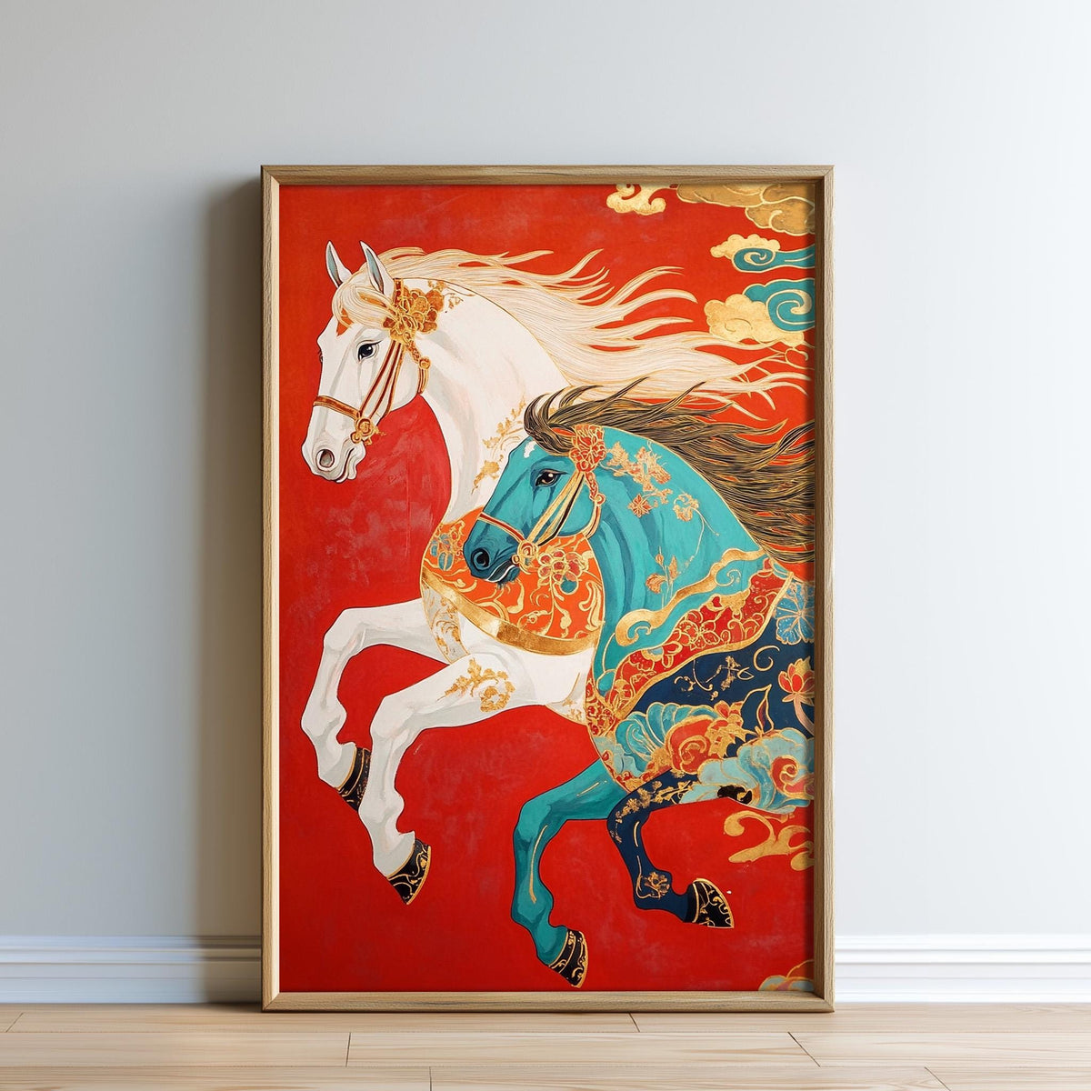 The image is a framed painting depicting two horses, one white and one blue, against a red background with gold accents.