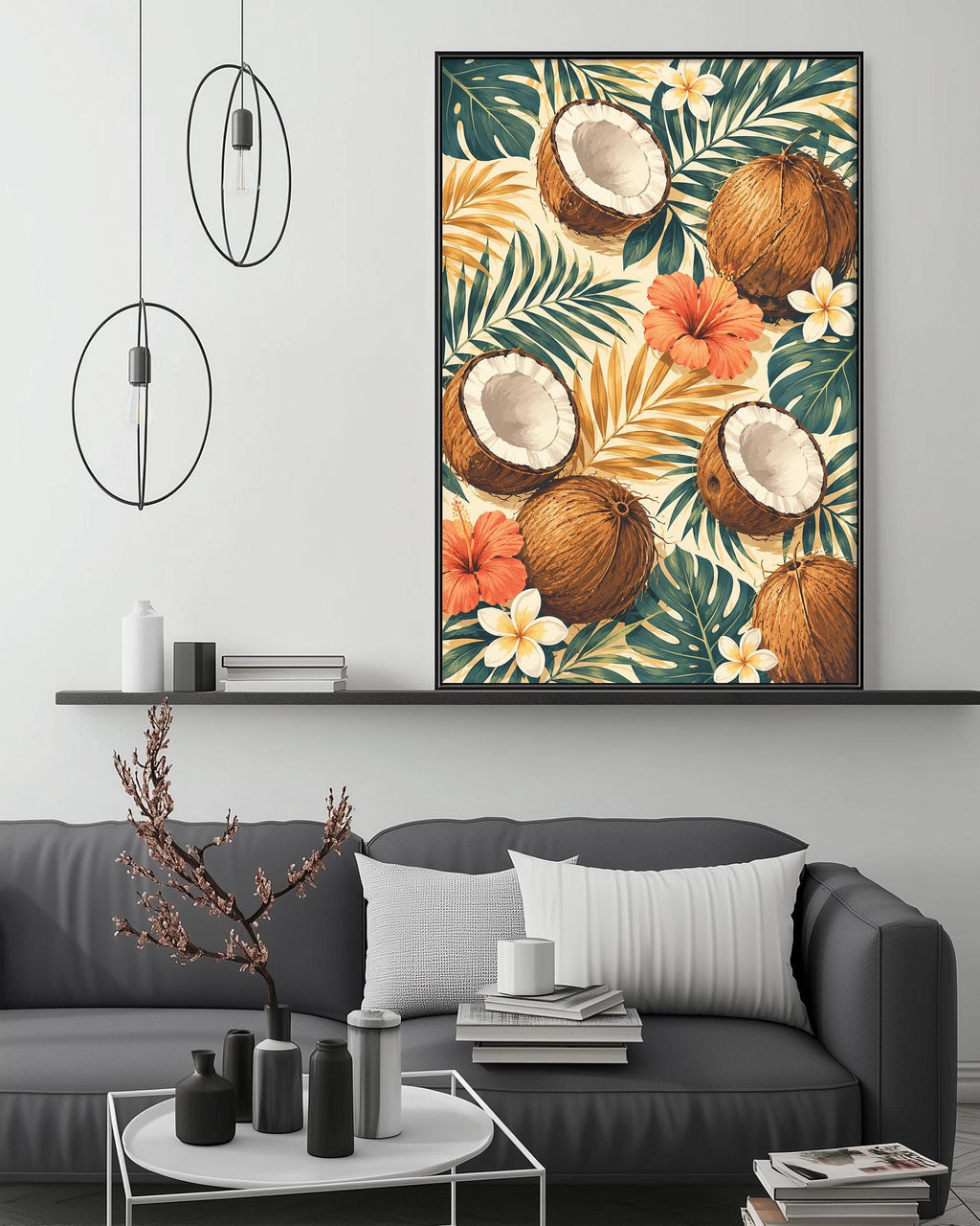 a living room with a gray sofa, a coffee table, and a large framed print of tropical flowers and coconuts hanging on the wall above the sofa.