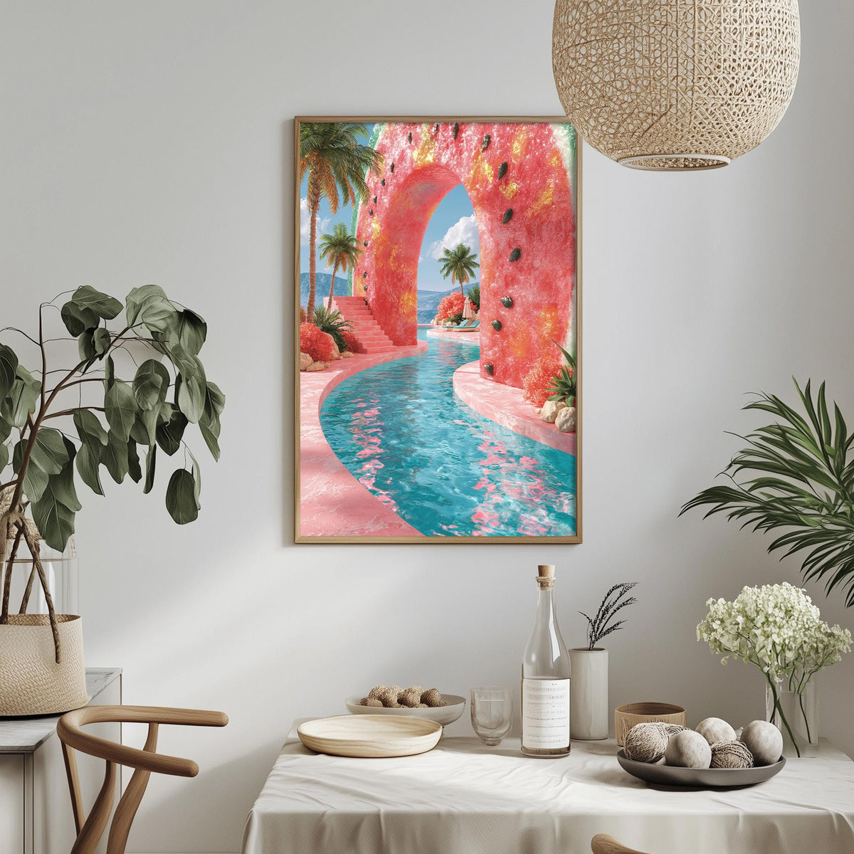 a vibrant and colorful painting of a tropical landscape, with a pink archway leading to a blue pool surrounded by palm trees and other tropical foliage. The painting is hung on a white wall above a dining table, which is set with various items such as a vase, a bottle, and a bowl. The overall scene is bright and cheerful, creating a lively and inviting atmosphere.