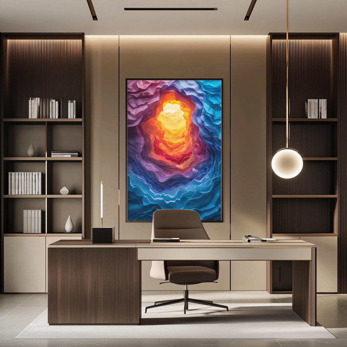 a modern and stylish office space with a large abstract painting on the wall, a wooden desk with a chair, and built-in bookshelves.