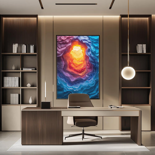 a modern and stylish office space with a large abstract painting on the wall, a wooden desk with a chair, and built-in bookshelves.