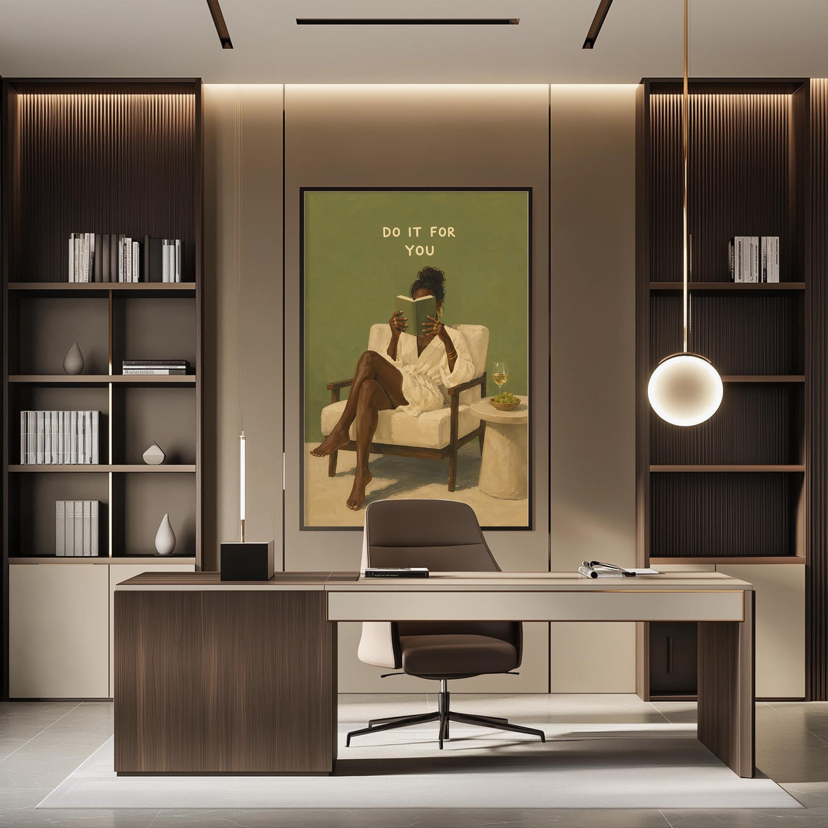 a modern office space with a large framed poster of a woman sitting in a chair, holding a drink, and the text "Do it for you" above her. The office features a desk, chair, and shelving units, creating a professional and stylish atmosphere.