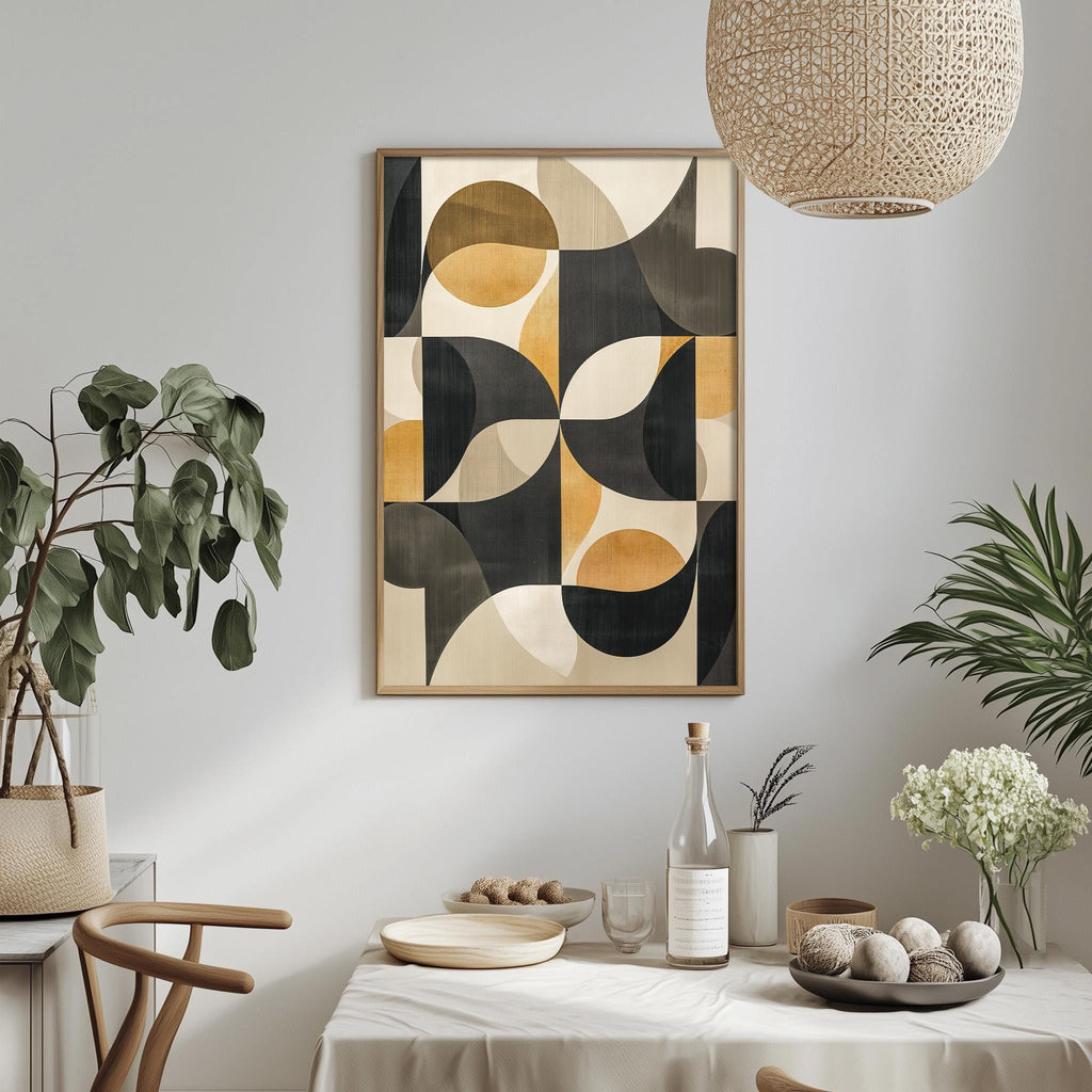 a modern dining room with a minimalist design. The focal point is a large abstract painting hanging on the wall above a dining table. The table is set with various items, including a bottle, a bowl, and a vase with flowers. The room is decorated with potted plants and a woven light fixture, creating a serene and stylish atmosphere.