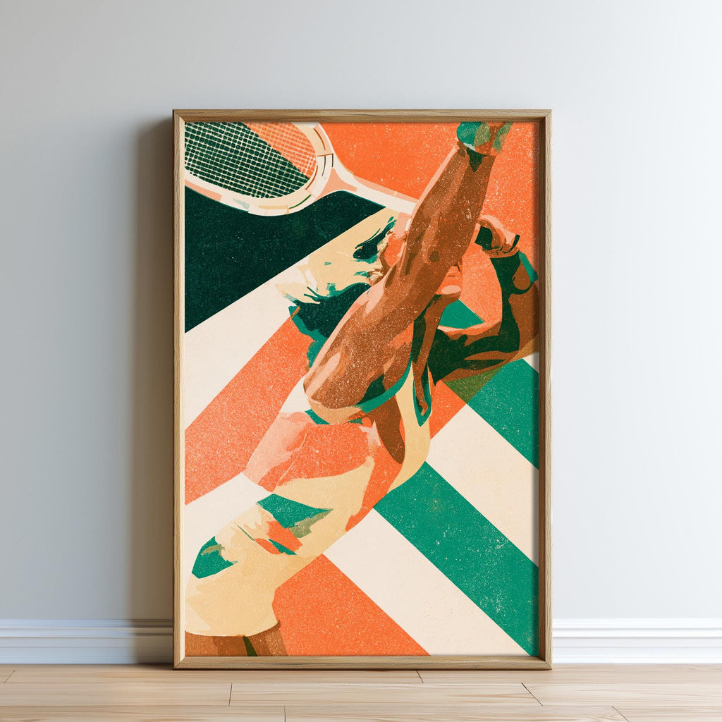 The image is a framed poster depicting a tennis player in mid-swing, with a tennis racket and a tennis ball visible.