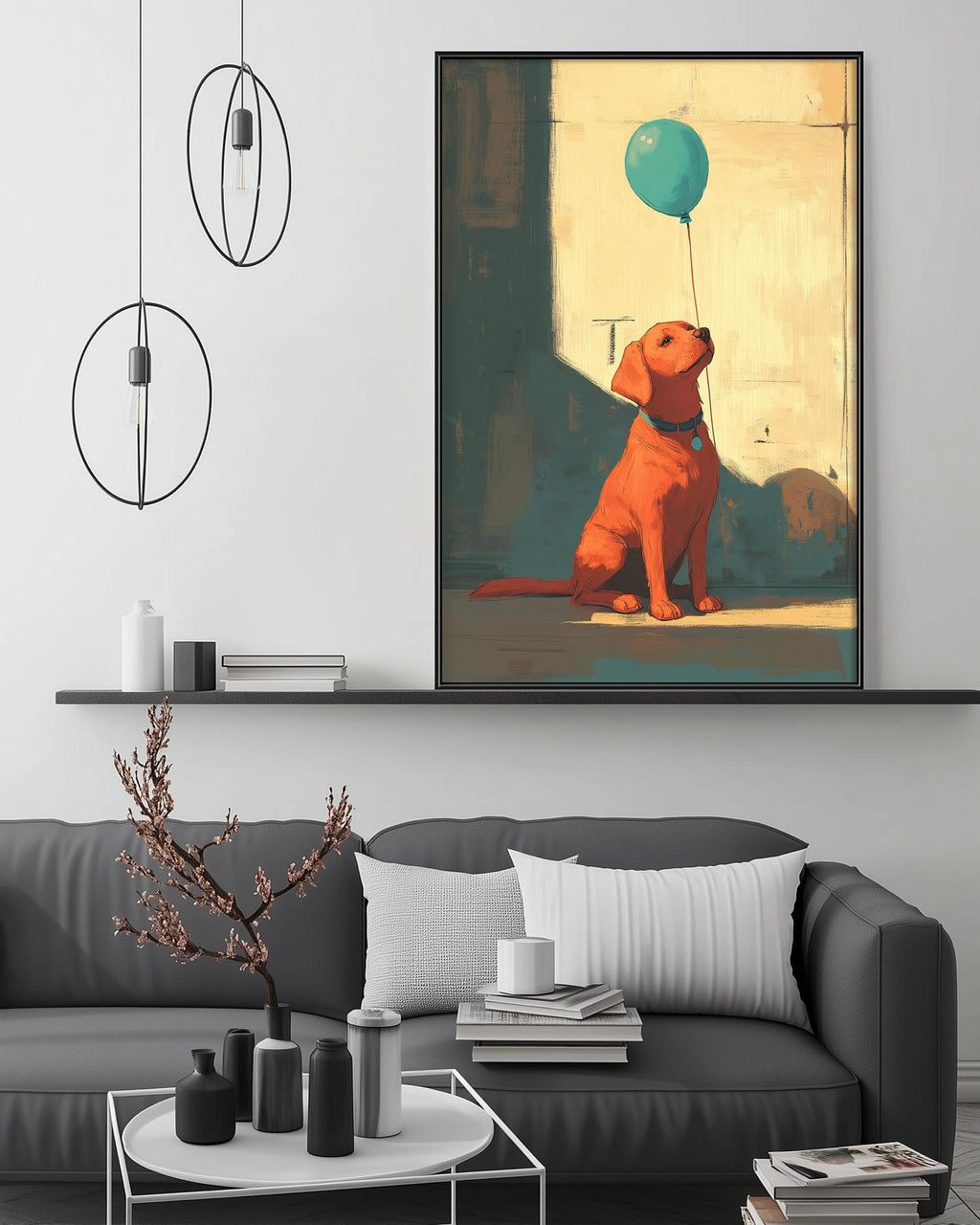a cozy living room with a gray couch, a coffee table, and a large painting of a dog holding a blue balloon. The painting is hanging on the wall above the couch, creating a warm and inviting atmosphere in the space.