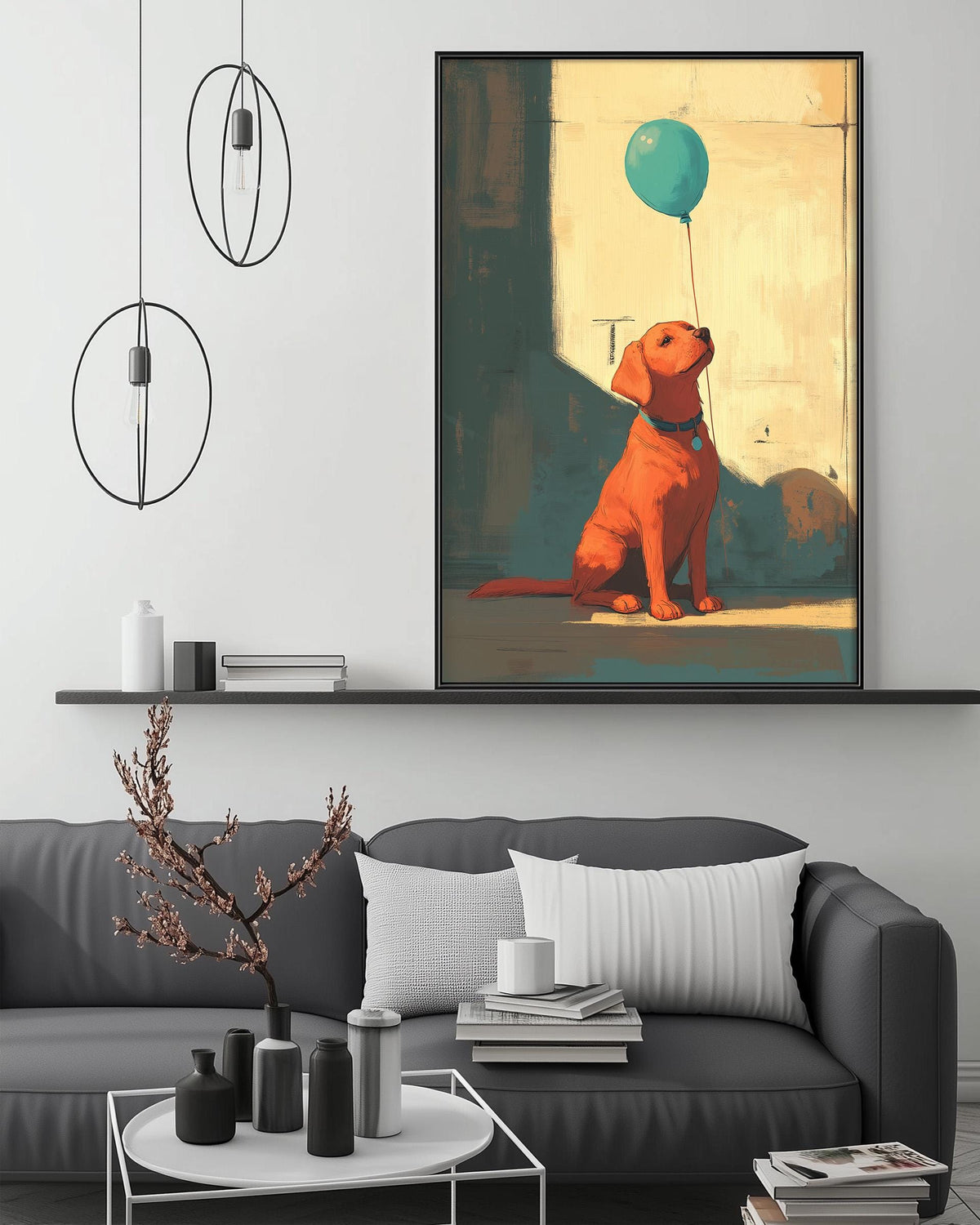 a cozy living room with a gray couch, a coffee table, and a large painting of a dog holding a blue balloon. The painting is hanging on the wall above the couch, creating a warm and inviting atmosphere in the space.