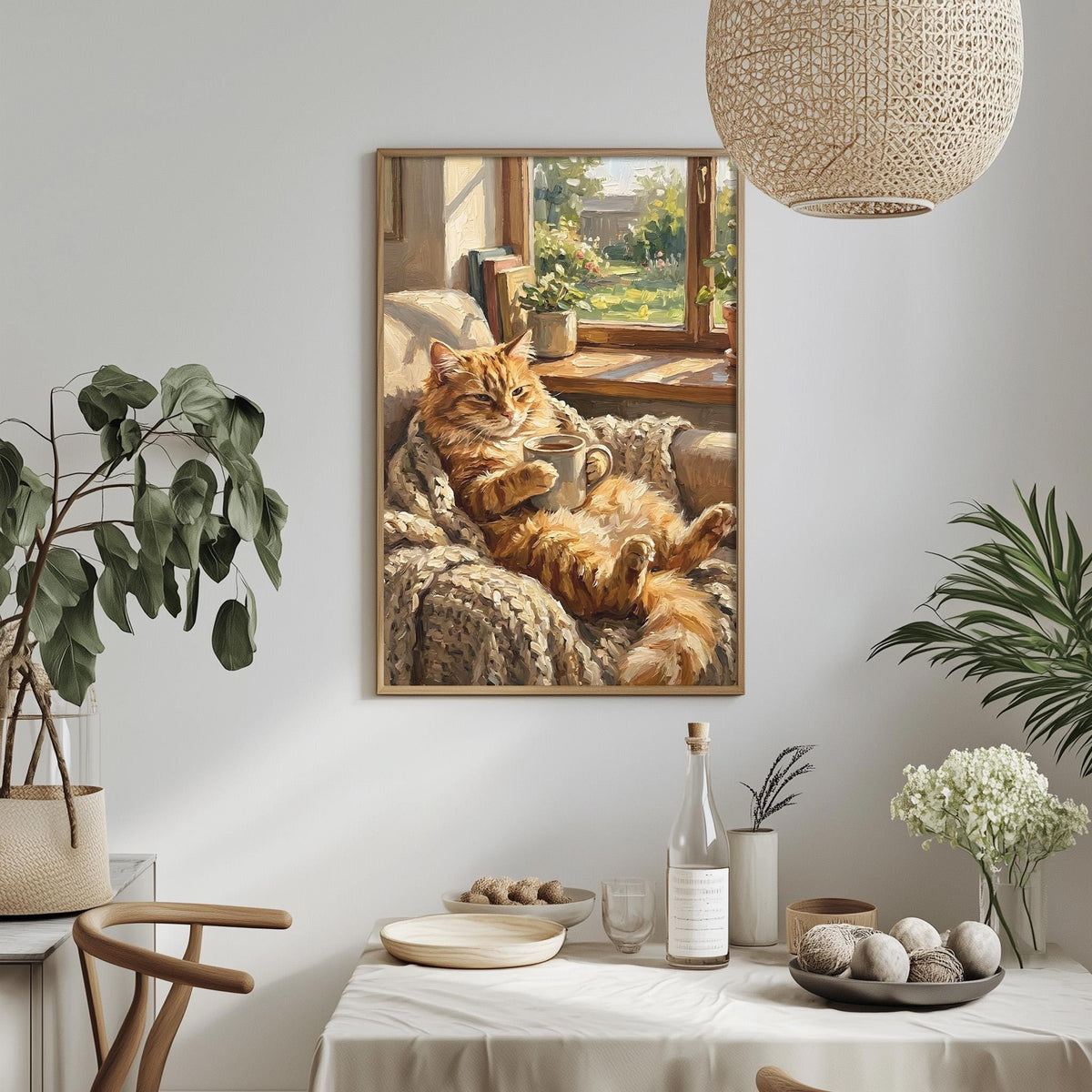 a cozy indoor setting with a framed painting of a cat lounging on a blanket, a dining table with a vase of flowers, and potted plants.