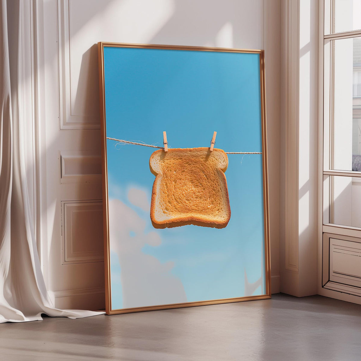 A framed image of a piece of bread hanging on a clothesline against a blue sky background.