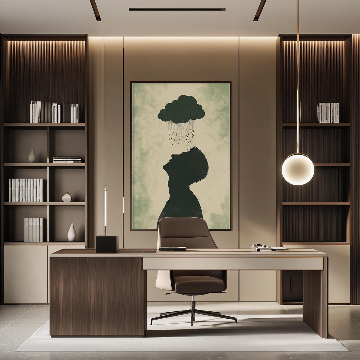a modern and minimalist office space with a large abstract painting on the wall, a wooden desk with a chair, and built-in bookshelves.