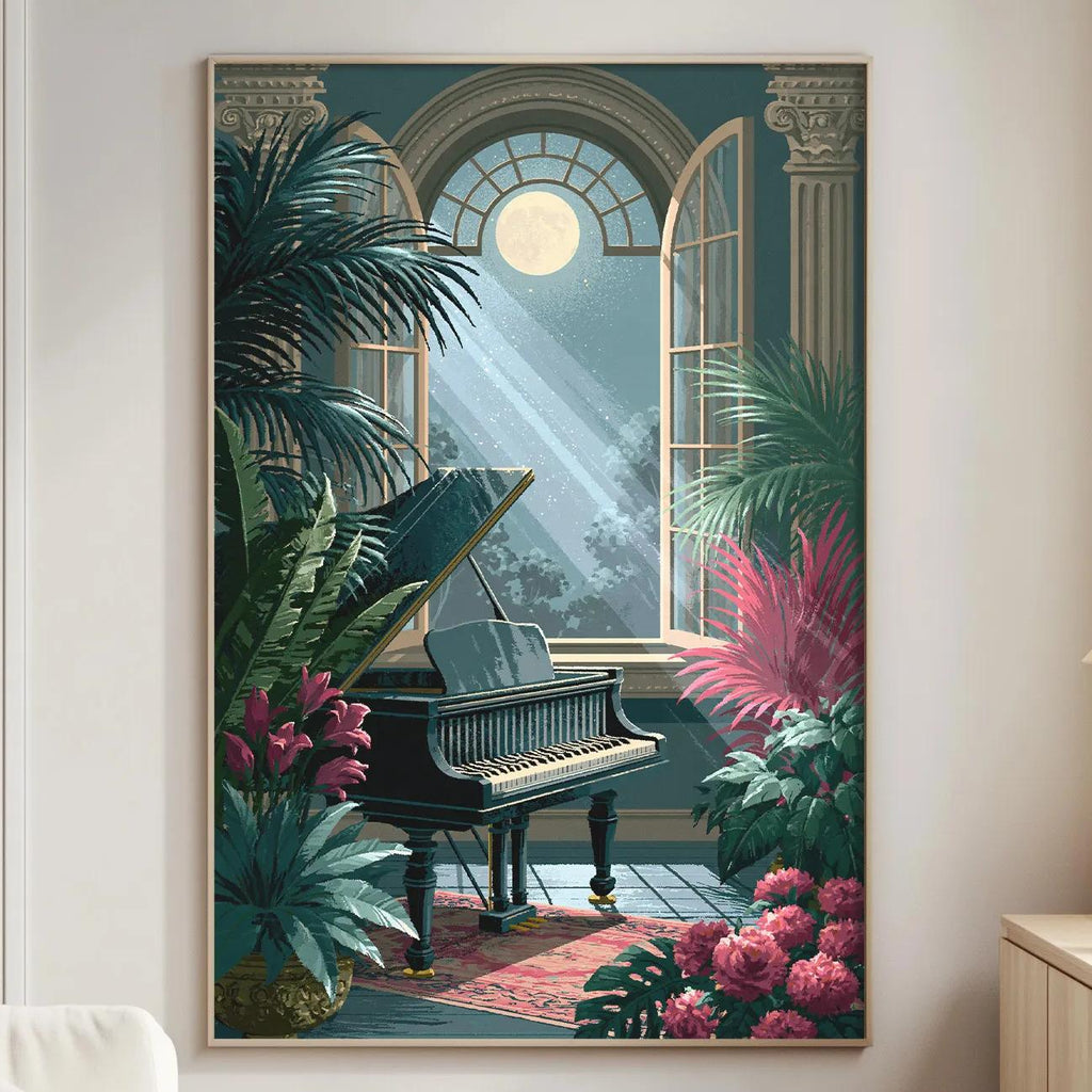 a serene indoor setting with a grand piano, lush tropical plants, and a window with a view of the outdoors.