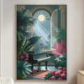 a serene indoor setting with a grand piano, lush tropical plants, and a window with a view of the outdoors.