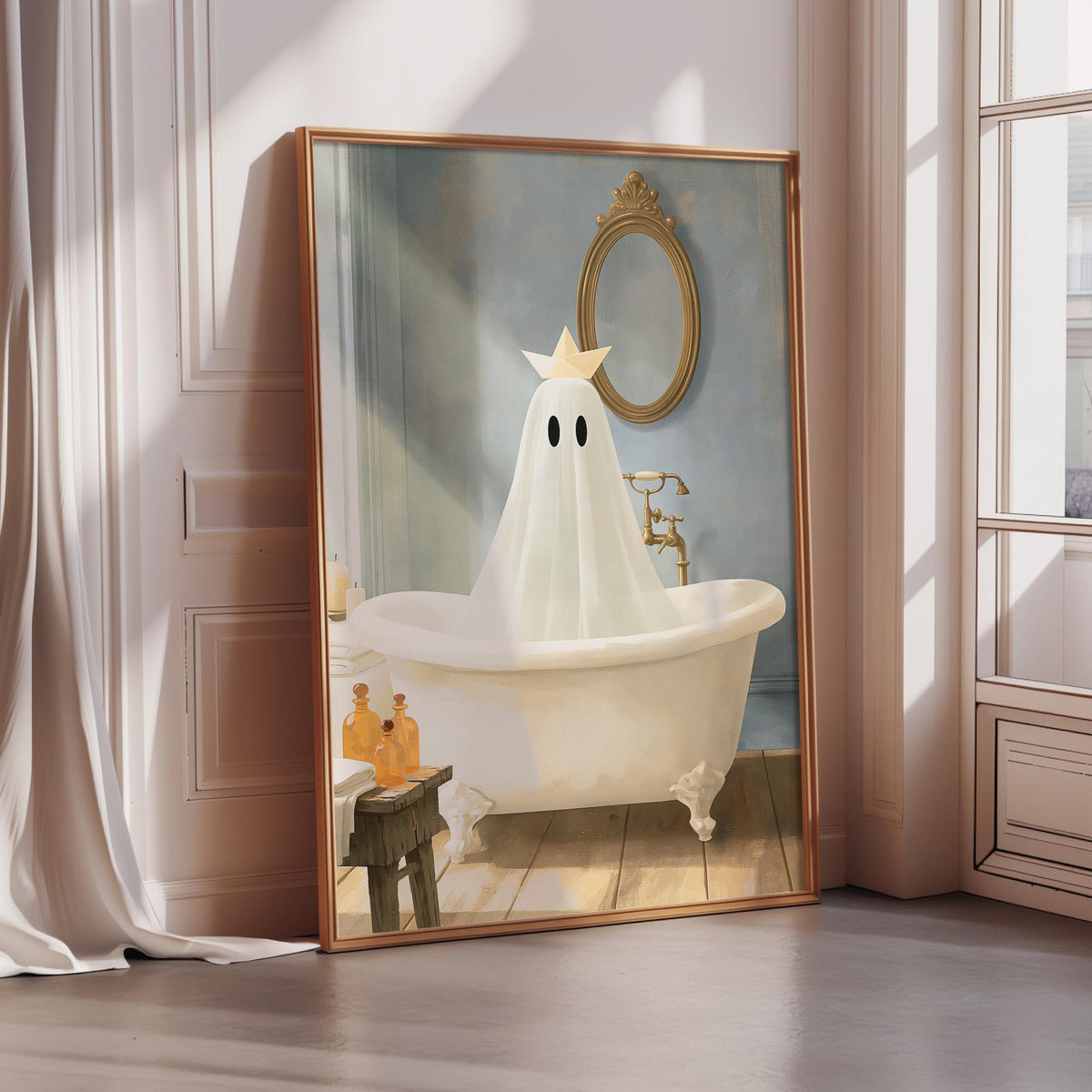 A framed painting depicting a ghost sitting in a bathtub, with various bathroom items visible in the background.