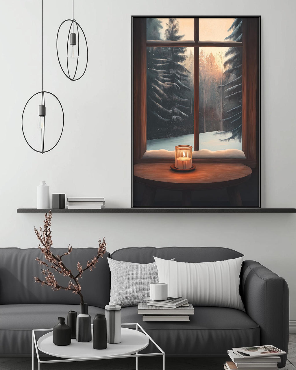 a cozy living room with a large window overlooking a snowy forest. The window is adorned with a lit candle, creating a warm and inviting atmosphere. The room is furnished with a gray sofa, a coffee table, and various decorative items such as vases and books. The overall scene conveys a sense of tranquility and relaxation.