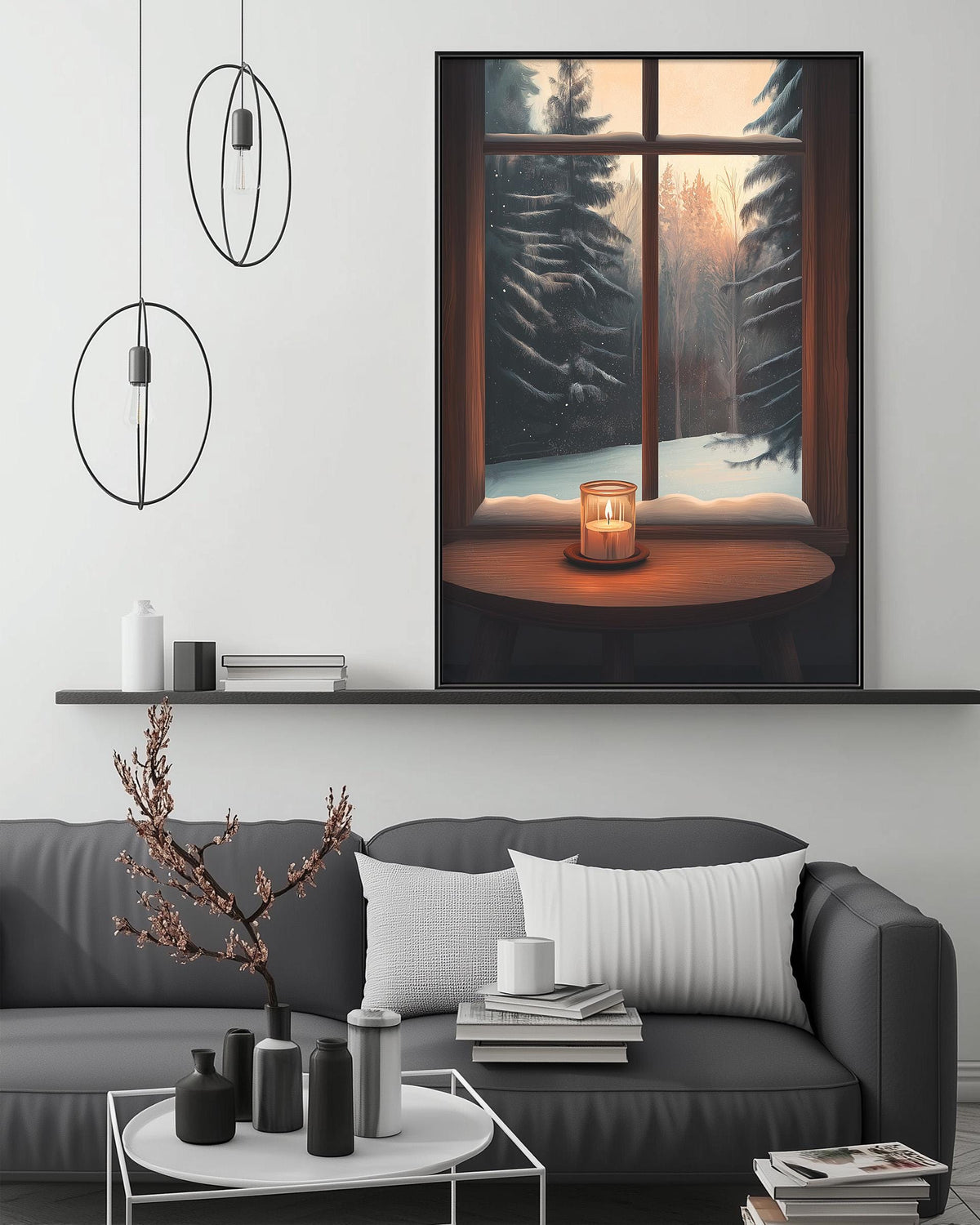 a cozy living room with a large window overlooking a snowy forest. The window is adorned with a lit candle, creating a warm and inviting atmosphere. The room is furnished with a gray sofa, a coffee table, and various decorative items such as vases and books. The overall scene conveys a sense of tranquility and relaxation.