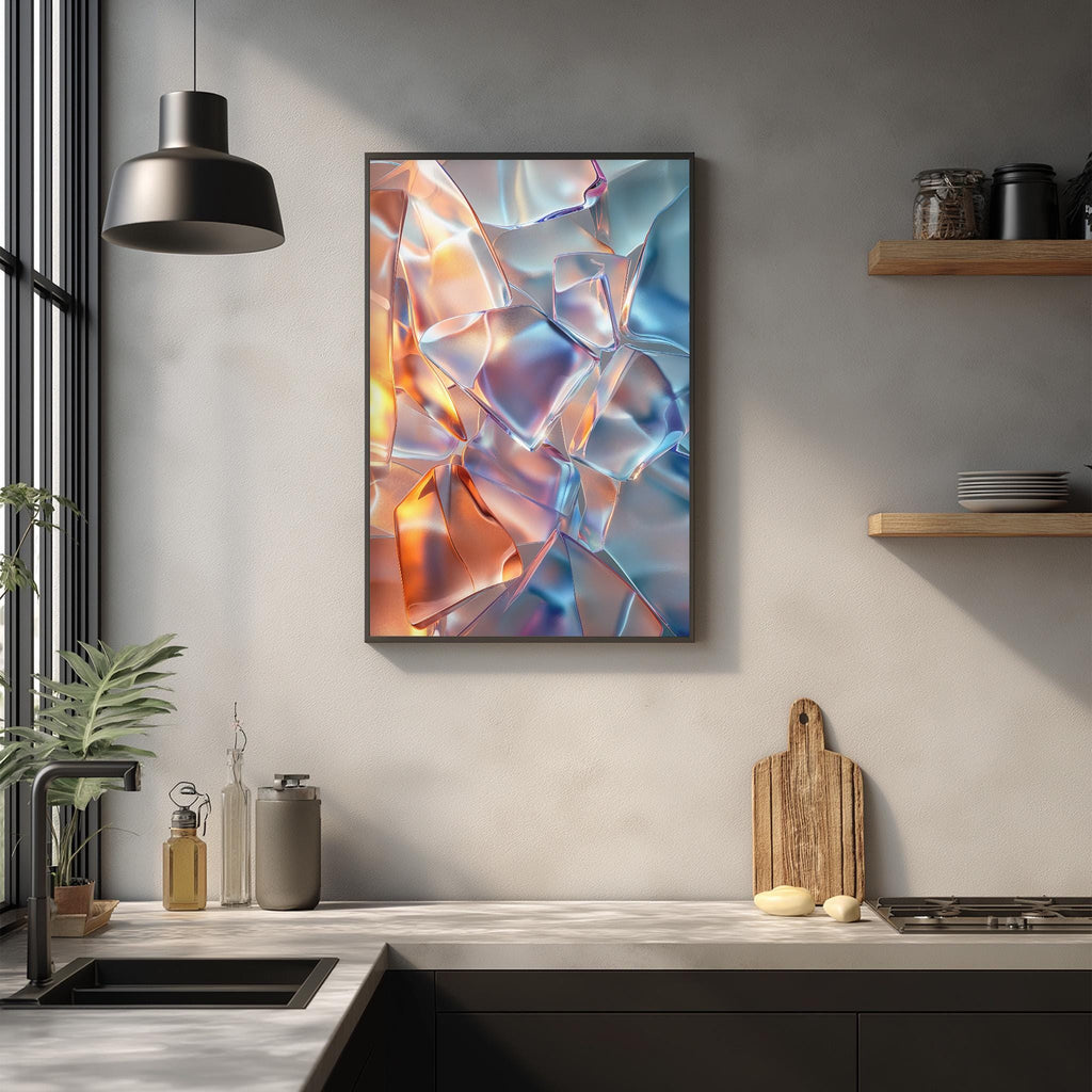 a modern kitchen with a large abstract painting hanging on the wall above a countertop. The painting has a vibrant, colorful design with various shapes and textures. The kitchen countertop has a cutting board, a bottle, and a plant, creating a functional and stylish space.