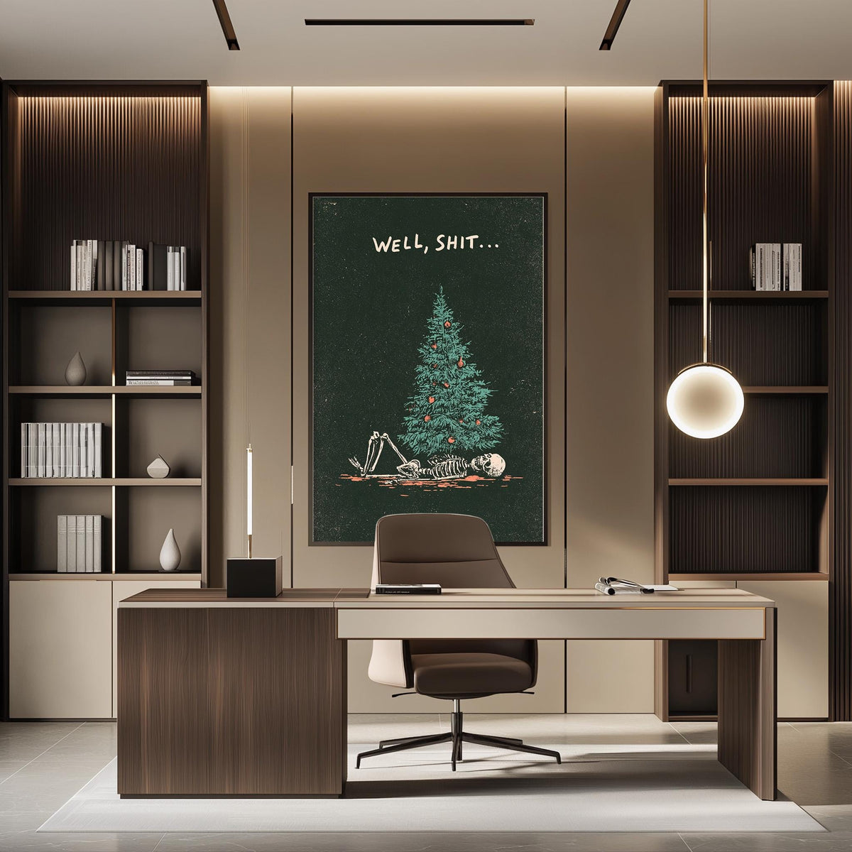 a modern office space with a desk, chair, and bookshelves. A large framed poster with the text "WELL, SHIT..." is displayed on the wall above the desk.