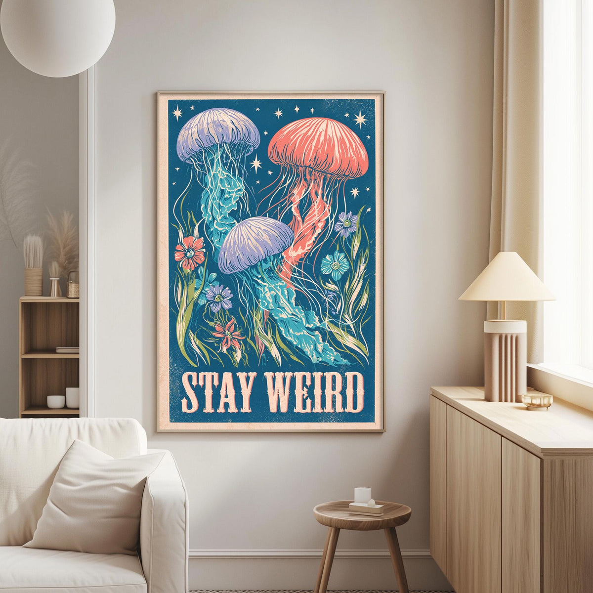 a poster with a blue background and colorful jellyfish illustrations, along with the text "STAY WEIRD" displayed prominently.