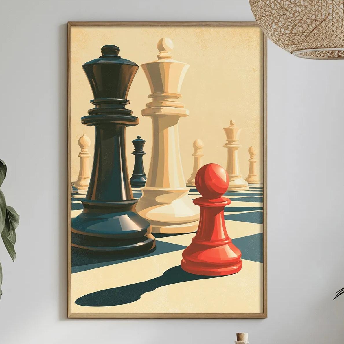 a dining table with a white tablecloth, a bowl of fruit, a bottle, and a vase with flowers. Above the table, there is a framed painting of chess pieces, including a black king, a white king, and a red king. The painting is hanging on a white wall, and there is a pendant light hanging above the table.