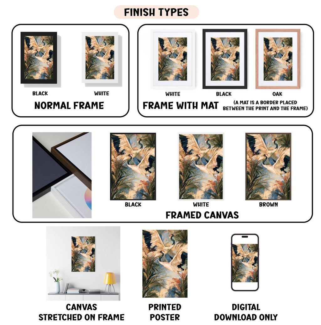 various types of artwork, including paintings, framed prints, and digital art, each with different finishes and frame styles.