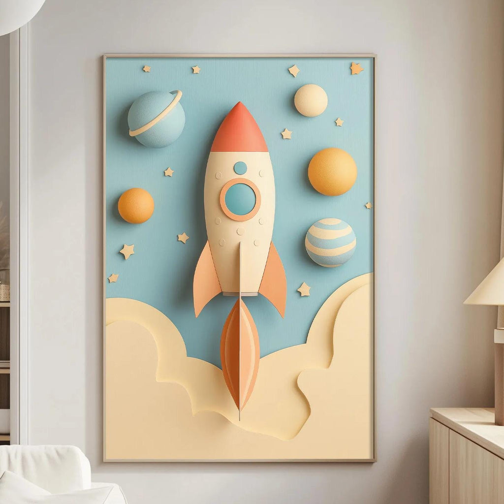 a living room with a large, colorful painting of a rocket ship on the wall. The painting depicts a rocket ship soaring through a starry sky, surrounded by planets and other celestial objects. The room is furnished with a white couch and a wooden side table, creating a cozy and inviting atmosphere.