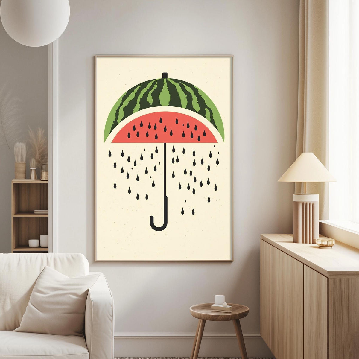 a living room with a white couch, a wooden side table, and a framed poster of a watermelon umbrella with raindrops on it.