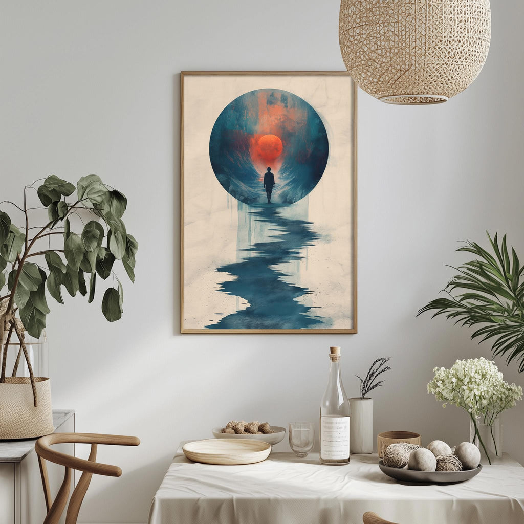a dining table with a white tablecloth, a bowl of fruit, a bottle, and a vase with flowers. Above the table, there is a framed painting depicting a person walking through a tunnel with a red and blue background.