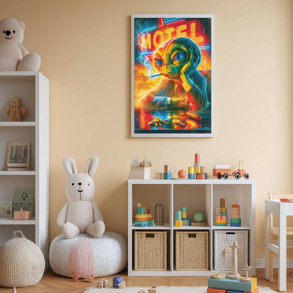 A child's bedroom with a large poster of an alien character on the wall, a stuffed rabbit, a toy shelf with various toys, and a colorful painting above the shelf.