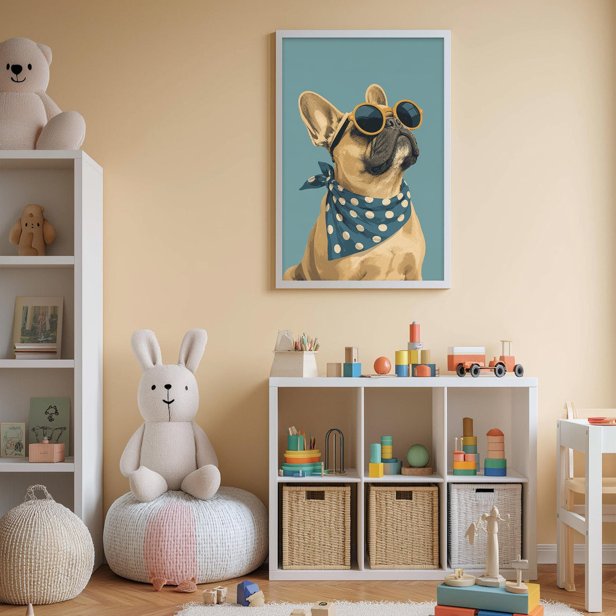 A cozy children's room with a stuffed bunny, a framed picture of a dog wearing sunglasses, and a toy shelf filled with various toys.