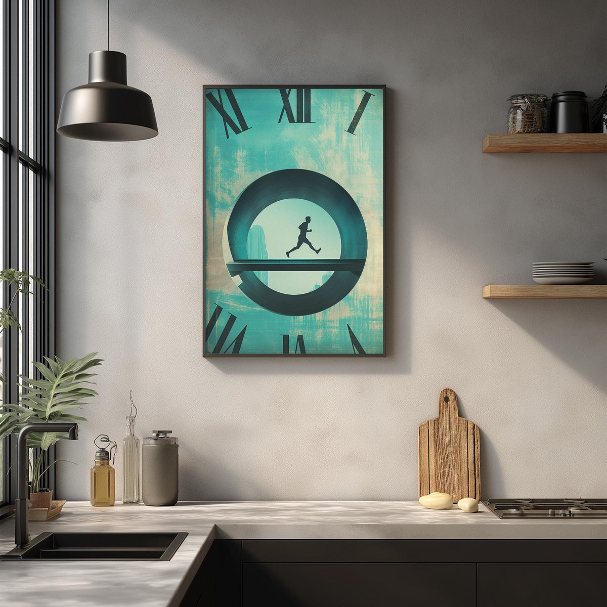 a kitchen counter with a framed clock on the wall above it, a wooden cutting board, and various kitchen items such as a bottle and a vase.