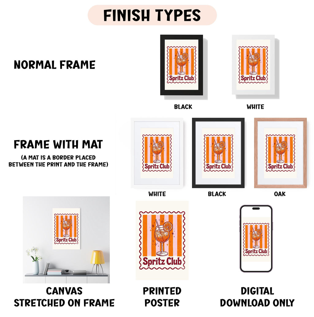various finish types for artwork, including a normal frame, a black frame, a white frame, a black frame, an oak frame, a white canvas stretched on a frame, a printed poster, and a digital download only.