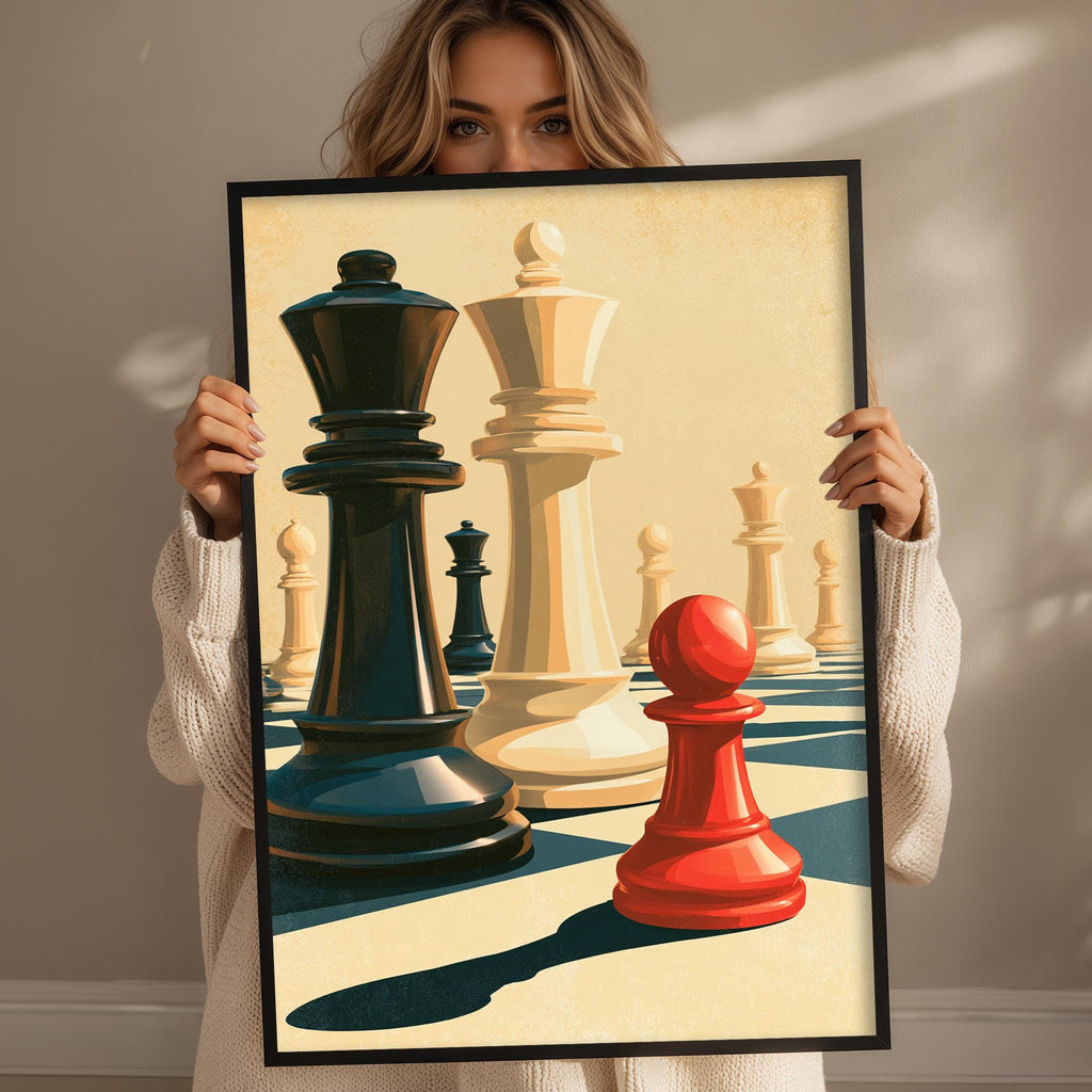 A woman is holding up a framed print of a chess board with two black and white chess pieces and one red piece.