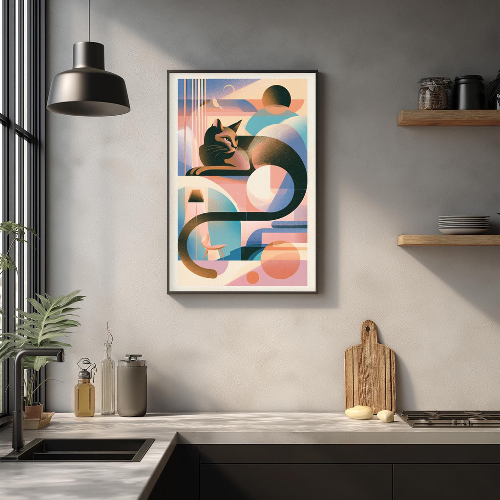 a modern kitchen with a large abstract painting hanging on the wall above a wooden cutting board and other kitchen items.