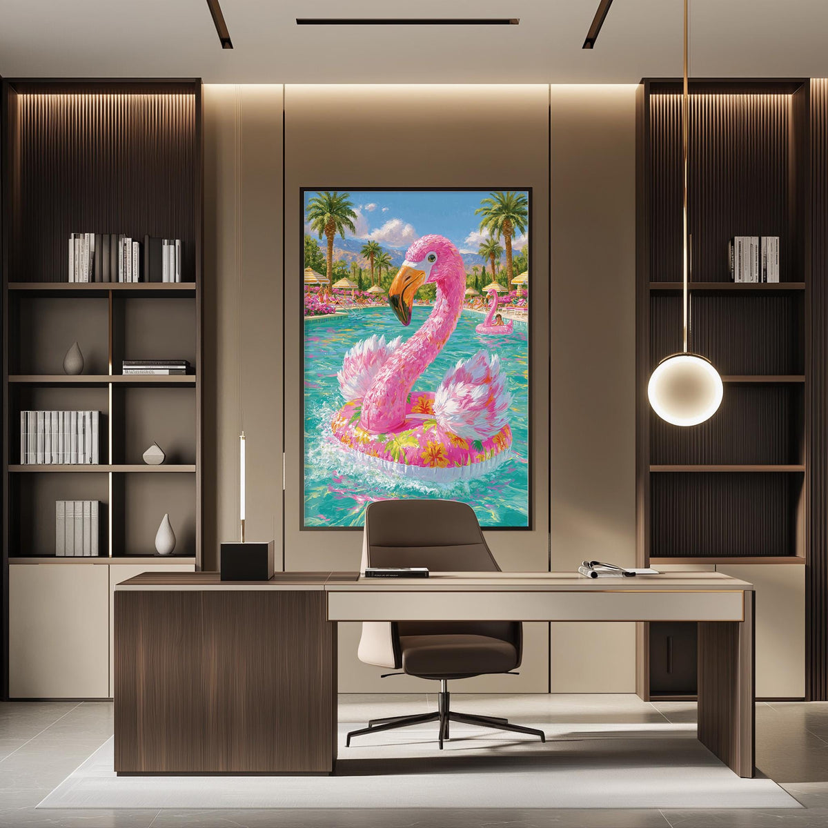 a modern office space with a large framed painting of a pink flamingo floating on a pool of water, surrounded by palm trees and other tropical scenery. The office has a desk with a chair, and there are bookshelves on either side of the desk.