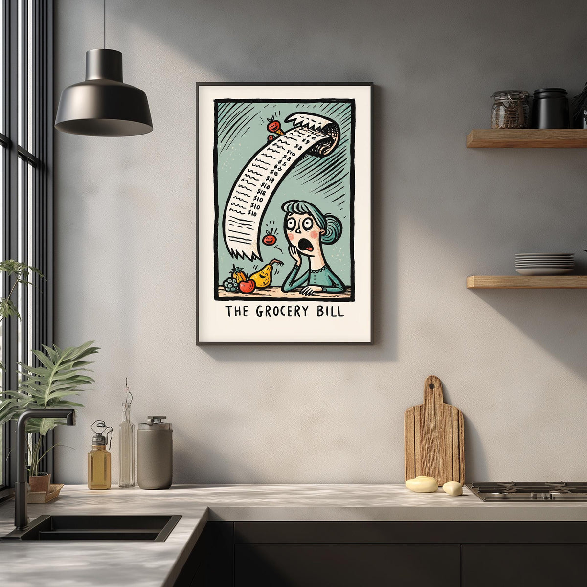 a kitchen counter with various items such as a cutting board, a sink, and a potted plant. Above the counter, there is a framed illustration depicting a woman with a grocery list, and the text "THE GROCERY BILL" is written below the illustration.