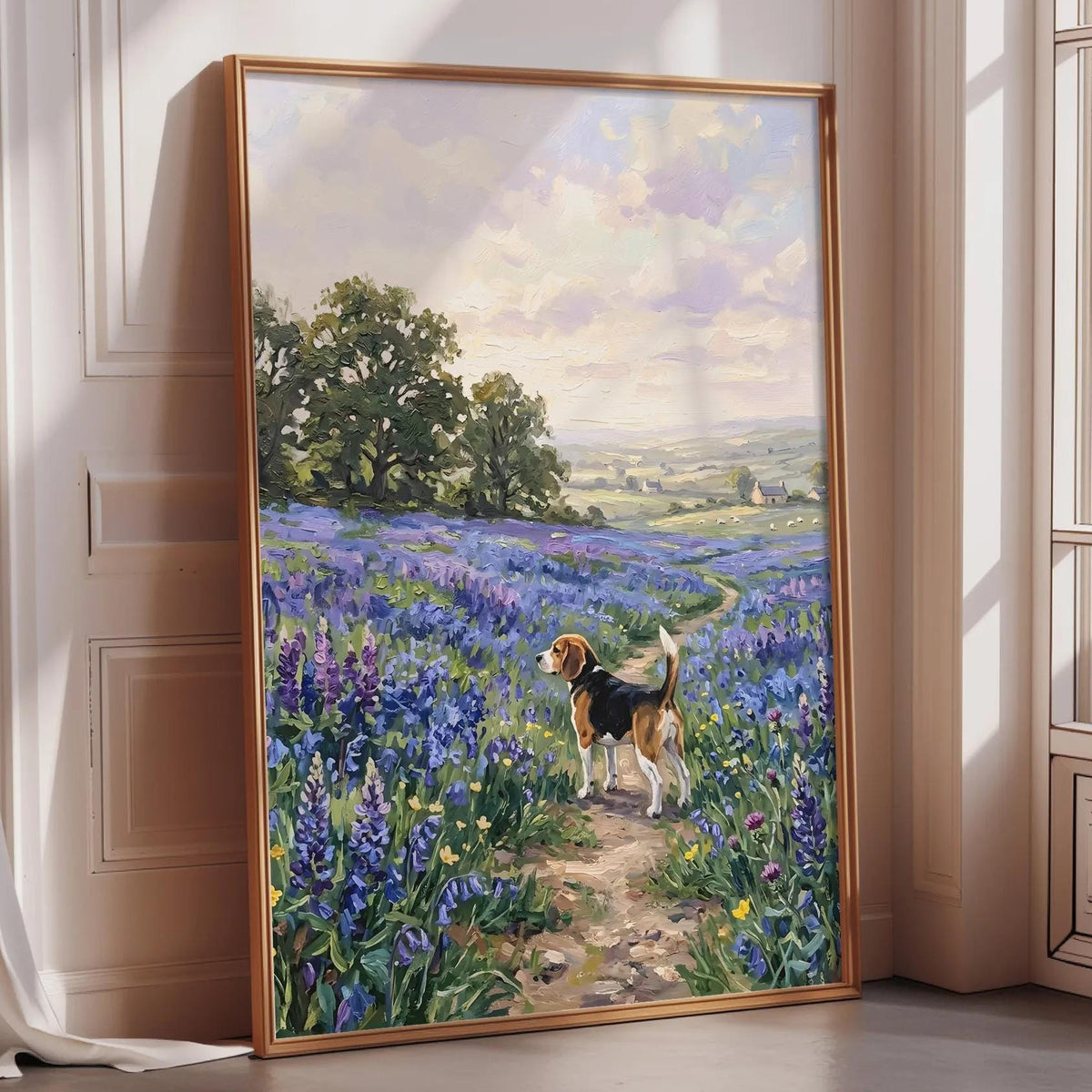A framed painting depicting a dog standing in a field of purple flowers, with a scenic landscape in the background.