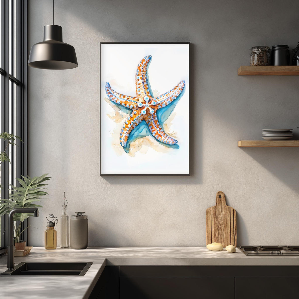 a framed painting of a starfish hanging on a wall in a kitchen setting.